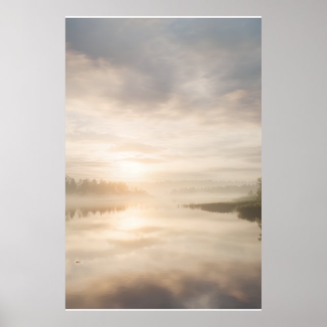 Misty Lake Sunrise Golden Reflection Poster (Front)