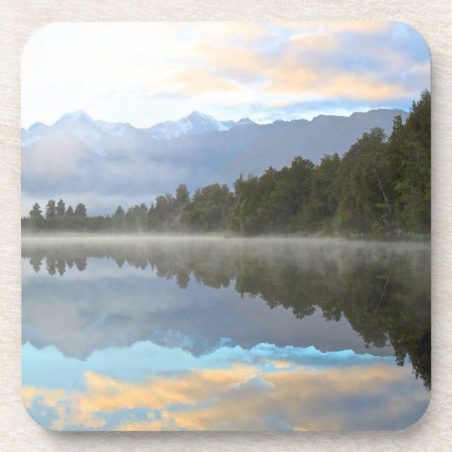Misty Lake Trees Reflection Tranquil Nature Photo Beverage Coaster (Front)