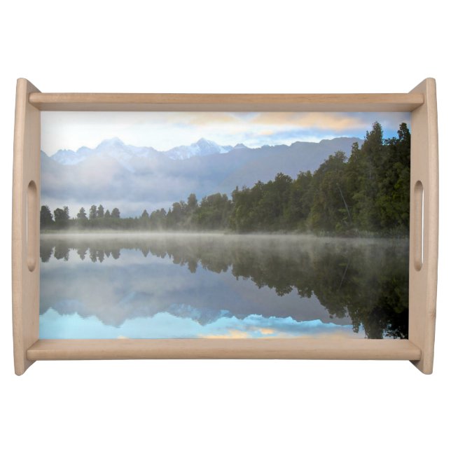 Misty Lake Trees Reflection Tranquil Nature Photo Serving Tray (Front)