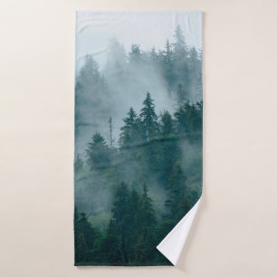 Misty landscape with fir forest in hipster vintage bath towel