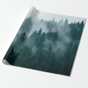 Misty landscape with fir forest in hipster vintage wrapping paper