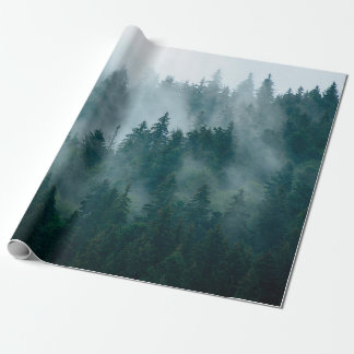 Misty landscape with fir forest in hipster vintage wrapping paper
