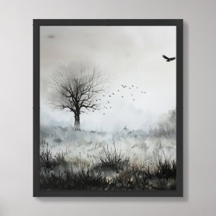 Misty Meadow Single Tree Landscape Framed Art