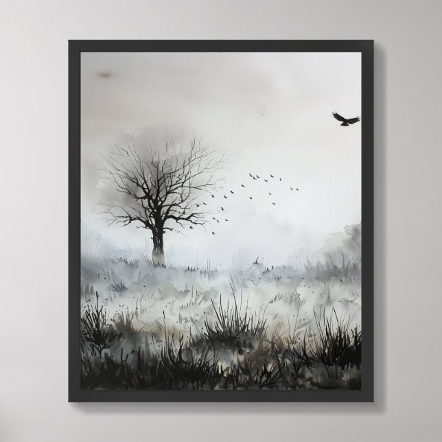 Misty Meadow Single Tree Landscape Framed Art (Framed Front)