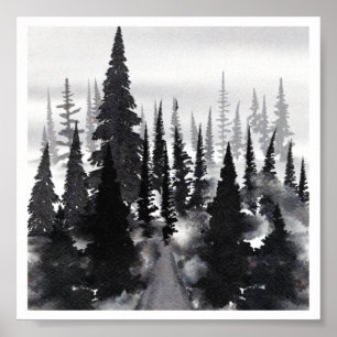 Misty Monochrome Pine Forest Watercolor Art Print