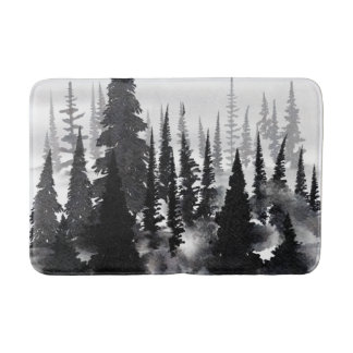 Misty Monochrome Pine Forest Watercolor Art Print Bath Mat