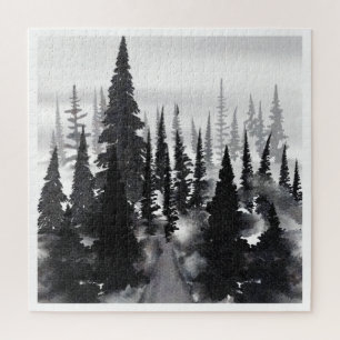 Misty Monochrome Pine Forest Watercolor Art Print Jigsaw Puzzle