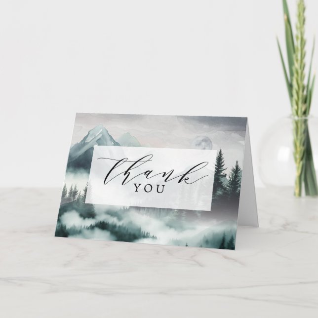 Misty Moonlight Mountain Forest Woods Wedding Letterpress Thank You Card (Front)