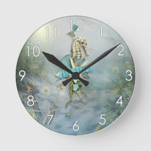 Misty Morning Beach seahorse anchor nautical Round Clock