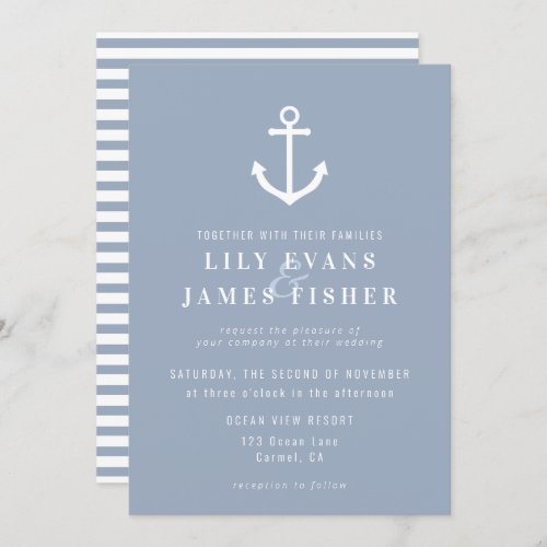 Misty Morning Blue Gray Nautical Anchor Wedding In Invitation