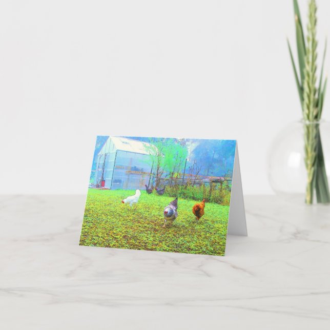 Misty Morning Chickens Art Note Card (Front)