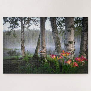 Misty Morning Lake Birch Trees Nature Landscape Jigsaw Puzzle