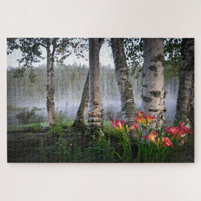 Misty Morning Lake Birch Trees Nature Landscape Jigsaw Puzzle (Horizontal)