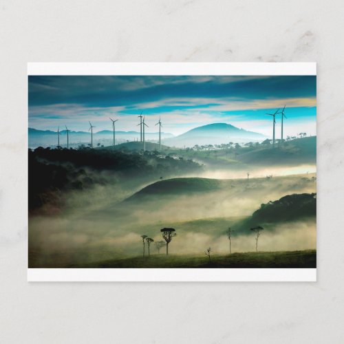 Misty morning landscape at wind farm postcard