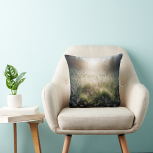 Misty Morning Meadow With Wildflowers Throw Pillow