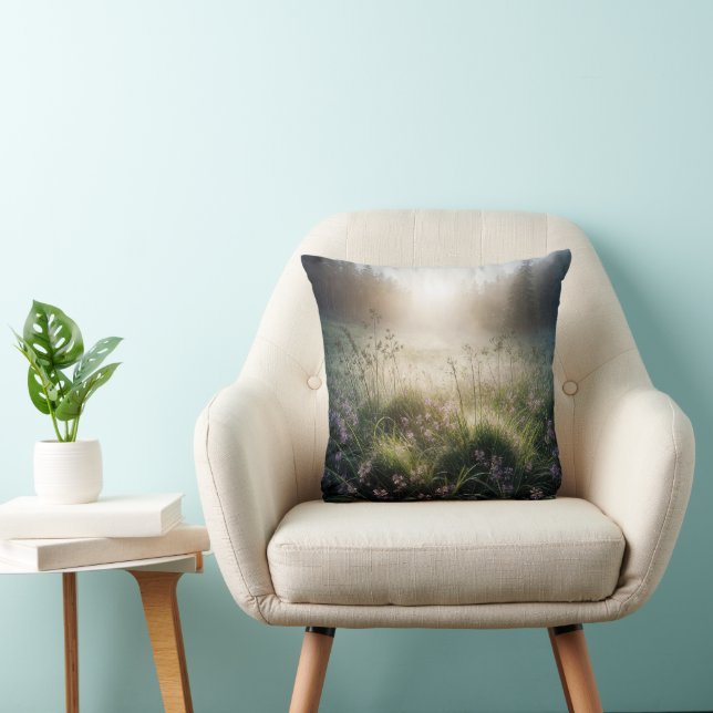 Misty Morning Meadow With Wildflowers Throw Pillow (Chair)