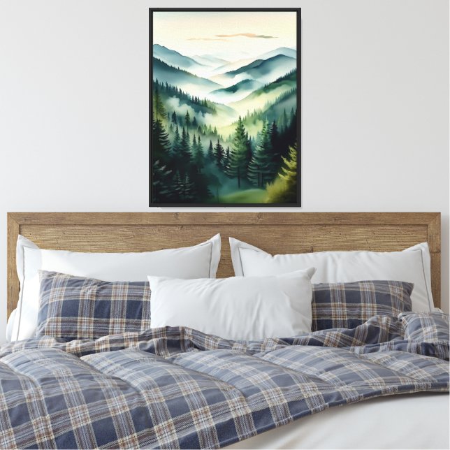Misty Morning Mountain Pines House Flag Canvas Print (Insitu(Bedroom))
