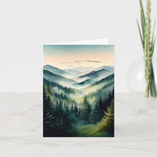 Misty Morning Mountain Pines Note Card (Front)
