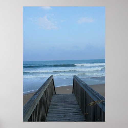 Misty Morning Seashore Pier Beach Sand Waves Photo Poster