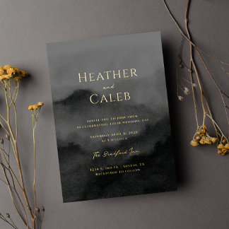 Misty Mountain Black Watercolor and Wedding Gold Foil Invitation