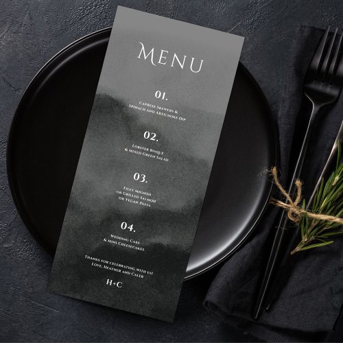 Misty Mountain Black Watercolor Wedding Menu