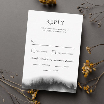 Misty Mountain Black Watercolor Wedding Rsvp Card by origamiprints at Zazzle