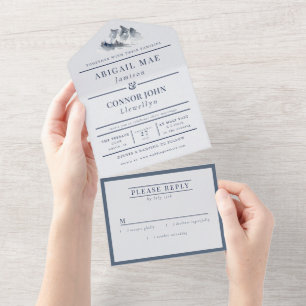 Misty Mountain Blue Grey White Elegant All In One Invitation