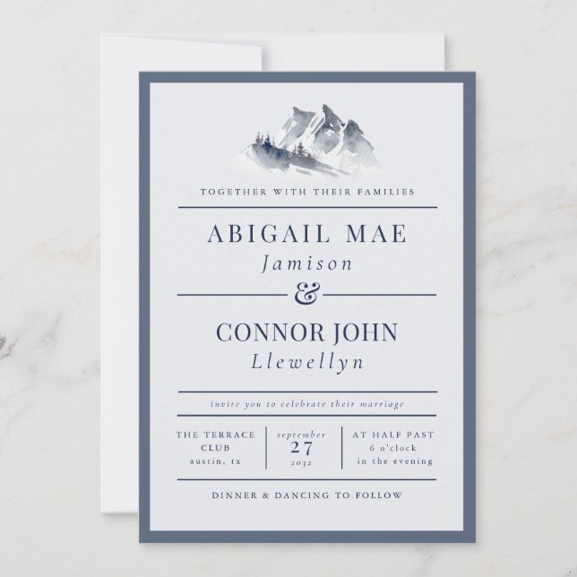 Misty Mountain Blue Grey White Elegant Border Invitation (Front)
