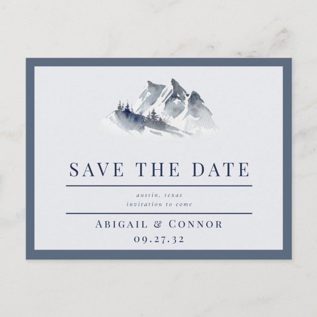 Misty Mountain Blue Grey White Save the Date Announcement Postcard (Front)