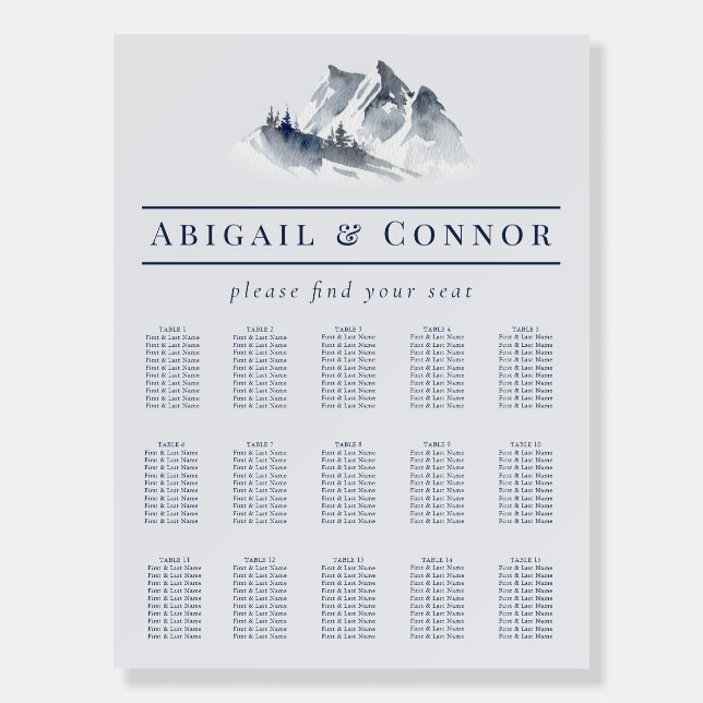 Misty Mountain Blue Grey White Seating Chart Foam Board (Front)
