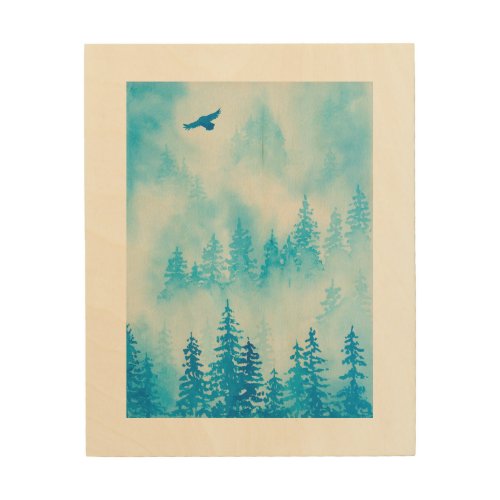 Misty Mountain Forest Bird of Prey Evergreen Trees Wood Wall Art