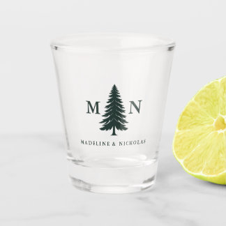 Misty Mountain Forest Green Pine Tree Wedding Shot Glass