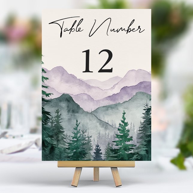 Misty Mountain Forest Watercolor Wedding Table Number (Creator Uploaded)