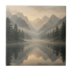 Misty Mountain Lake Reflection Pine Forest Sunrise Ceramic Tile