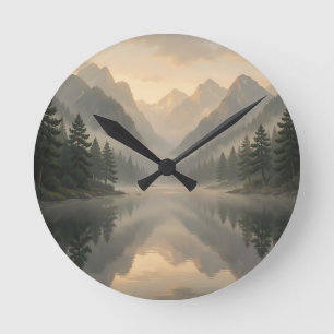 Misty Mountain Lake Reflection Pine Forest Sunrise Round Clock