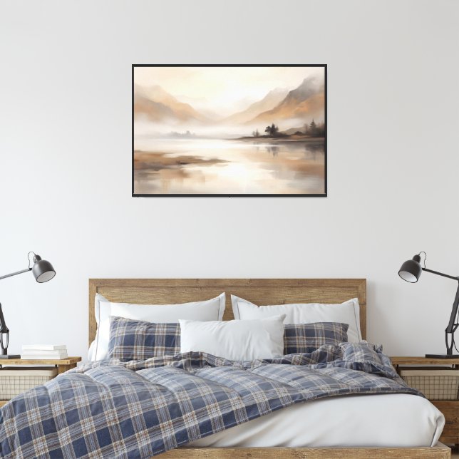 Misty Mountain Lake – Soft Neutral Landscape  Canvas Print (Insitu(Bedroom))