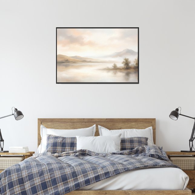 Misty Mountain Lake – Soft Neutral Landscape  Canvas Print (Insitu(Bedroom))