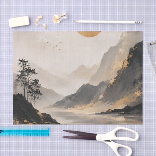 Misty Mountain Landscape Art Print | Serene Nature Tissue Paper