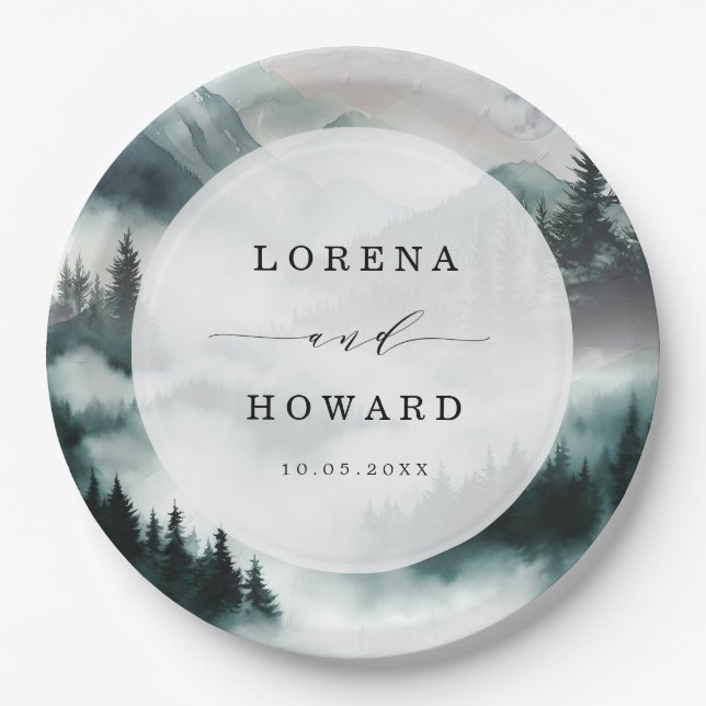 Misty Mountain Pine Forest Moon Wedding Paper Plates (Front)