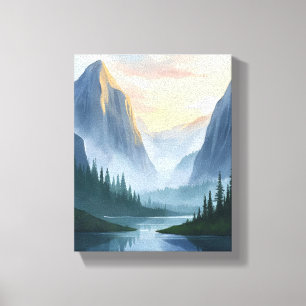 Misty Mountain Range Nature Watercolor Painting Canvas Print