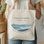 Misty Mountain Range Wedding Welcome Bags<br><div class="desc">Wedding welcome bags with mountain range design.  Misty blue mountains image in a half circle is printed on one side of cloth tote bags.  Include names of the bride and groom,  wedding date and welcome saying.  Black handle color is one of many to choose from.</div>