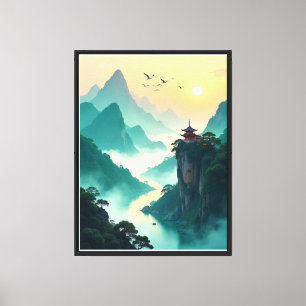 Misty Mountain Temple Landscape – Serene Asian Nat Canvas Print