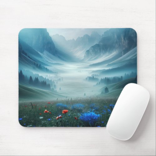 Misty Mountain Valley With Wildflowers Mouse Pad