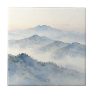 Misty Mountain Watercolor Landscape Ceramic Tile