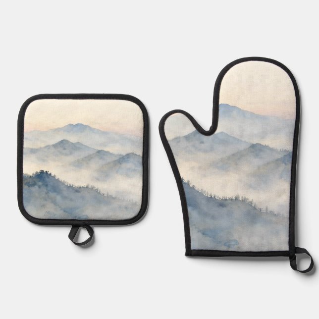 Misty Mountain Watercolor Landscape Oven Mitt & Pot Holder Set (Front)
