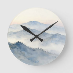 Misty Mountain Watercolor Landscape Round Clock