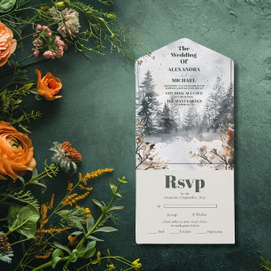 Misty Mountain Watercolor Winter Forest Wedding All In One Invitation