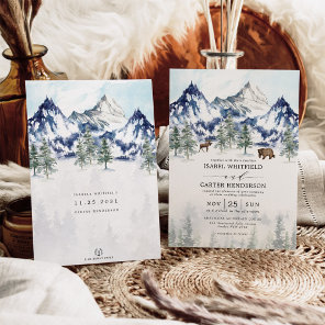 Misty Mountain Watercolor Winter Forest Wedding Invitation
