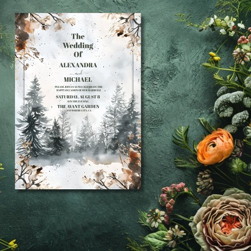 Misty Mountain Watercolor Winter Forest Wedding Invitation