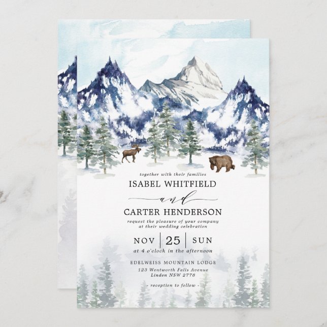 Misty Mountain Watercolor Winter Forest Wedding Invitation (Front/Back)